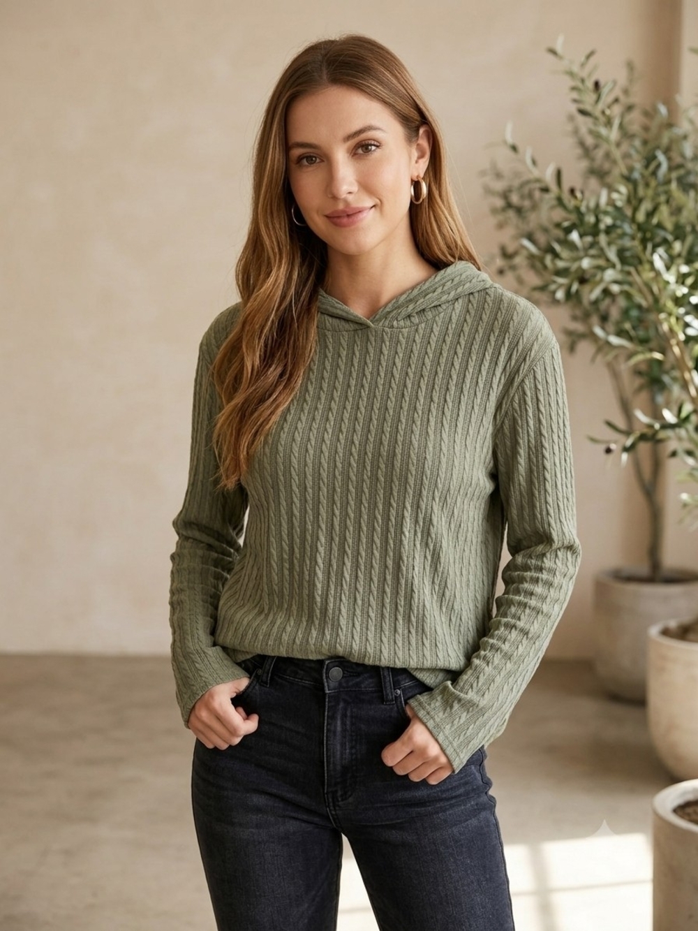 Lovely Melody Olive Cable-Knit Hooded Sweater